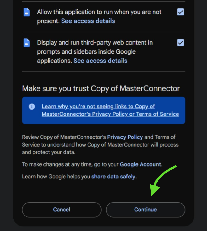Continue permissions